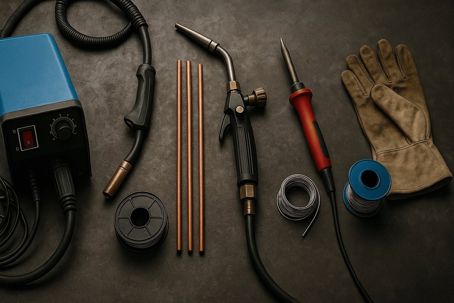 Welding and soldering tools, copper rods, spools of wire, and gloves on a dark surface.