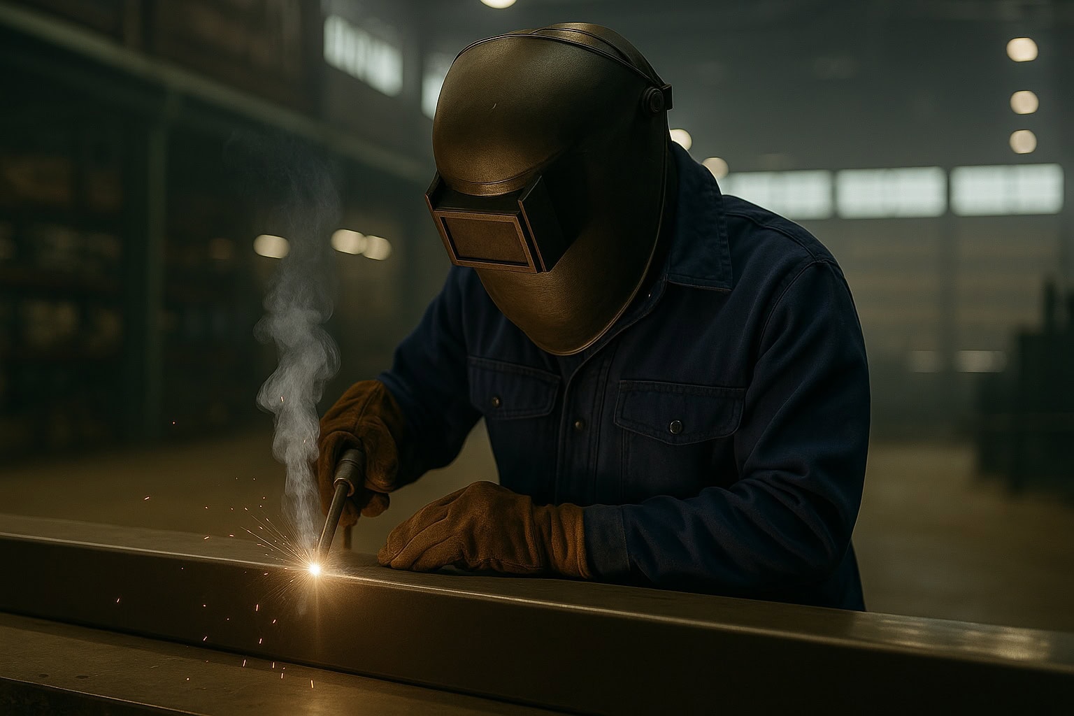 A person in protective gear welds metal in an industrial workshop with sparks flying.