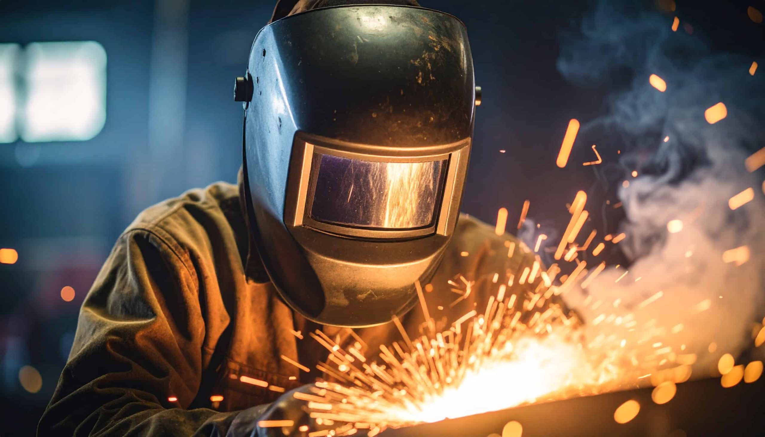 Person wearing a welding helmet works with metal, producing bright sparks.