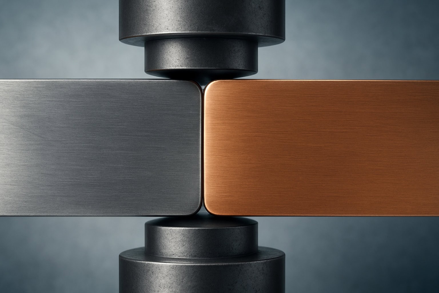 Two metal blocks, one silver and one copper, pressed together by round metal columns.