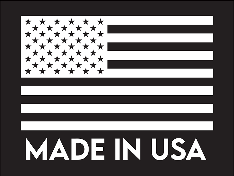 Black and white "Made in USA" label with American flag.