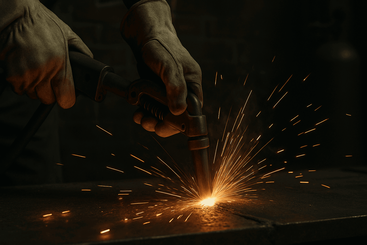 Gloved hands using a welding torch with sparks flying over a metal surface.