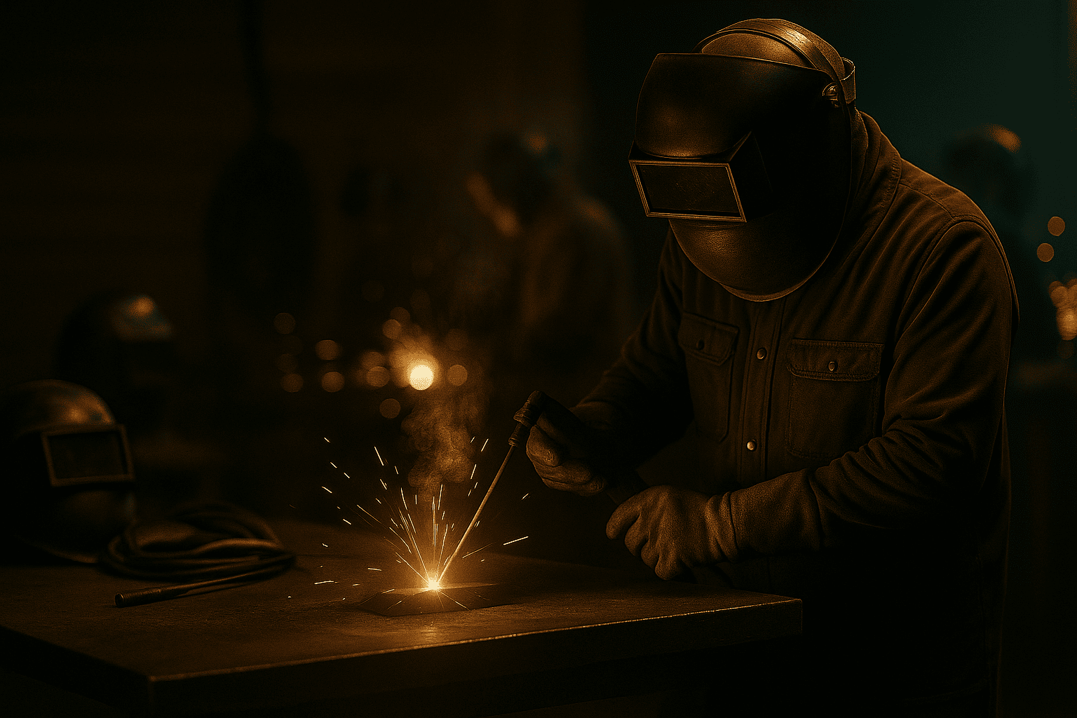 Person in welding gear uses a torch, creating sparks on a metal surface in a workshop.