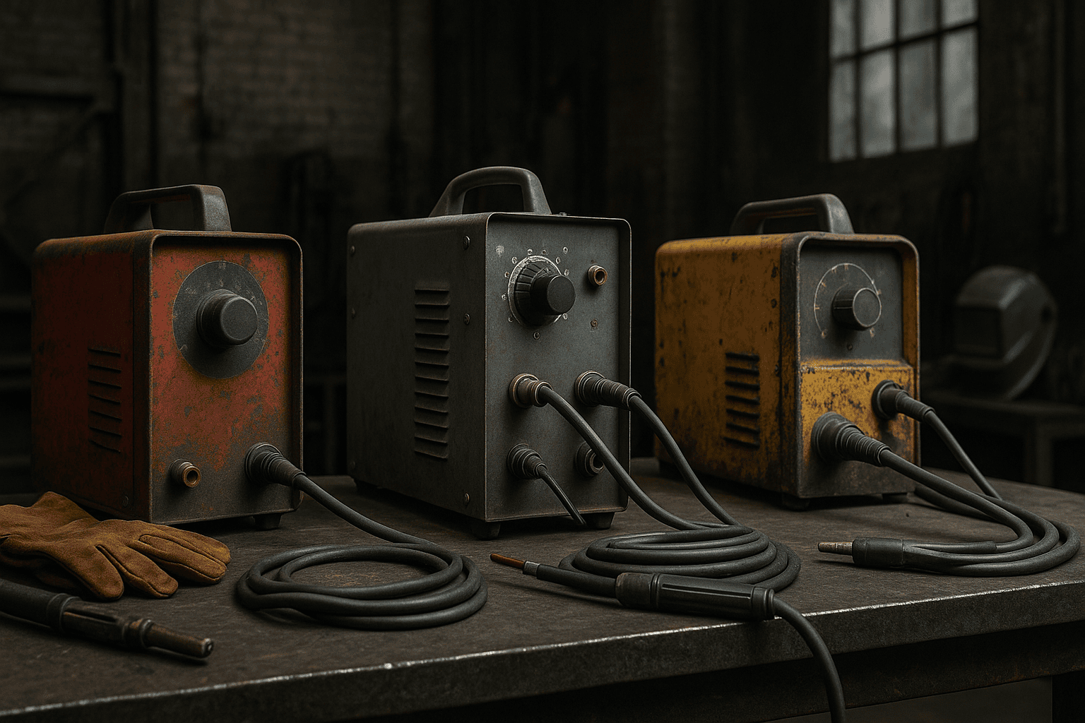 Three portable arc welding machines with cables on a workshop table, gloves to the left.