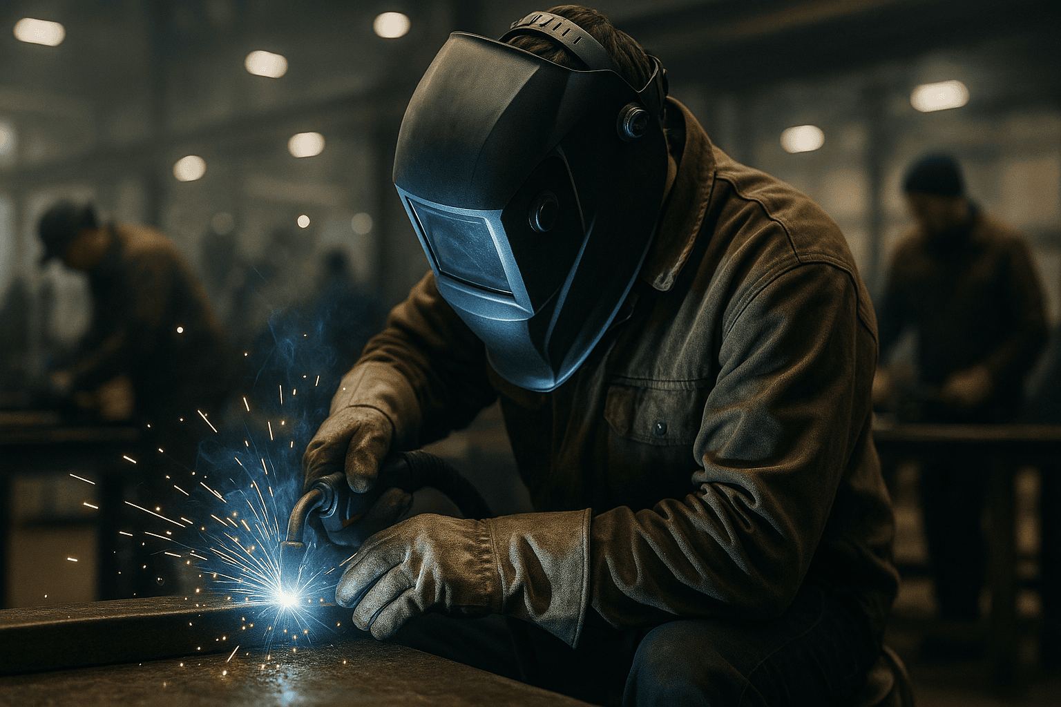 A worker in protective gear welds metal, producing sparks in an industrial workshop.