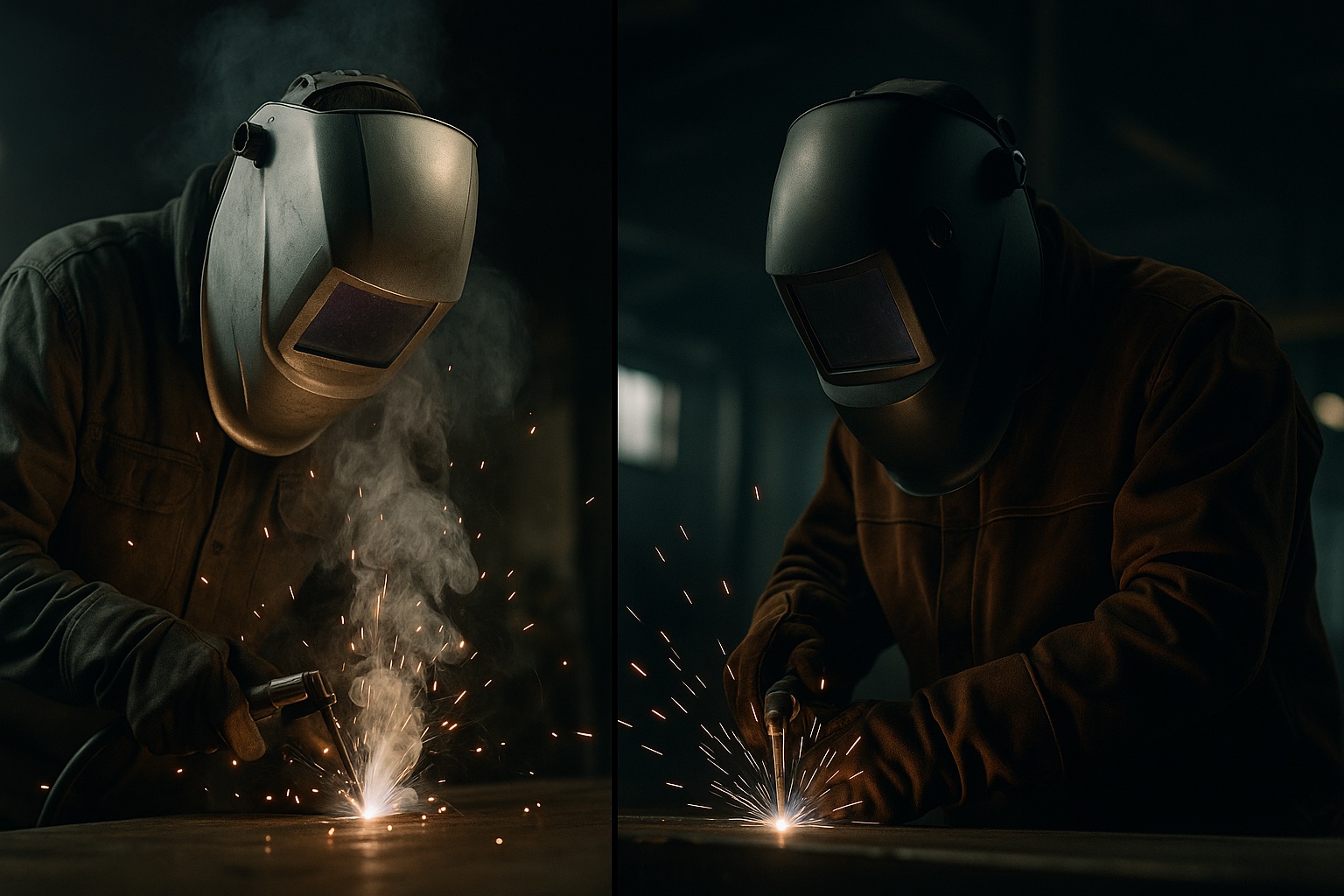 Two people in welding helmets work with sparks and smoke rising from their welding tools.