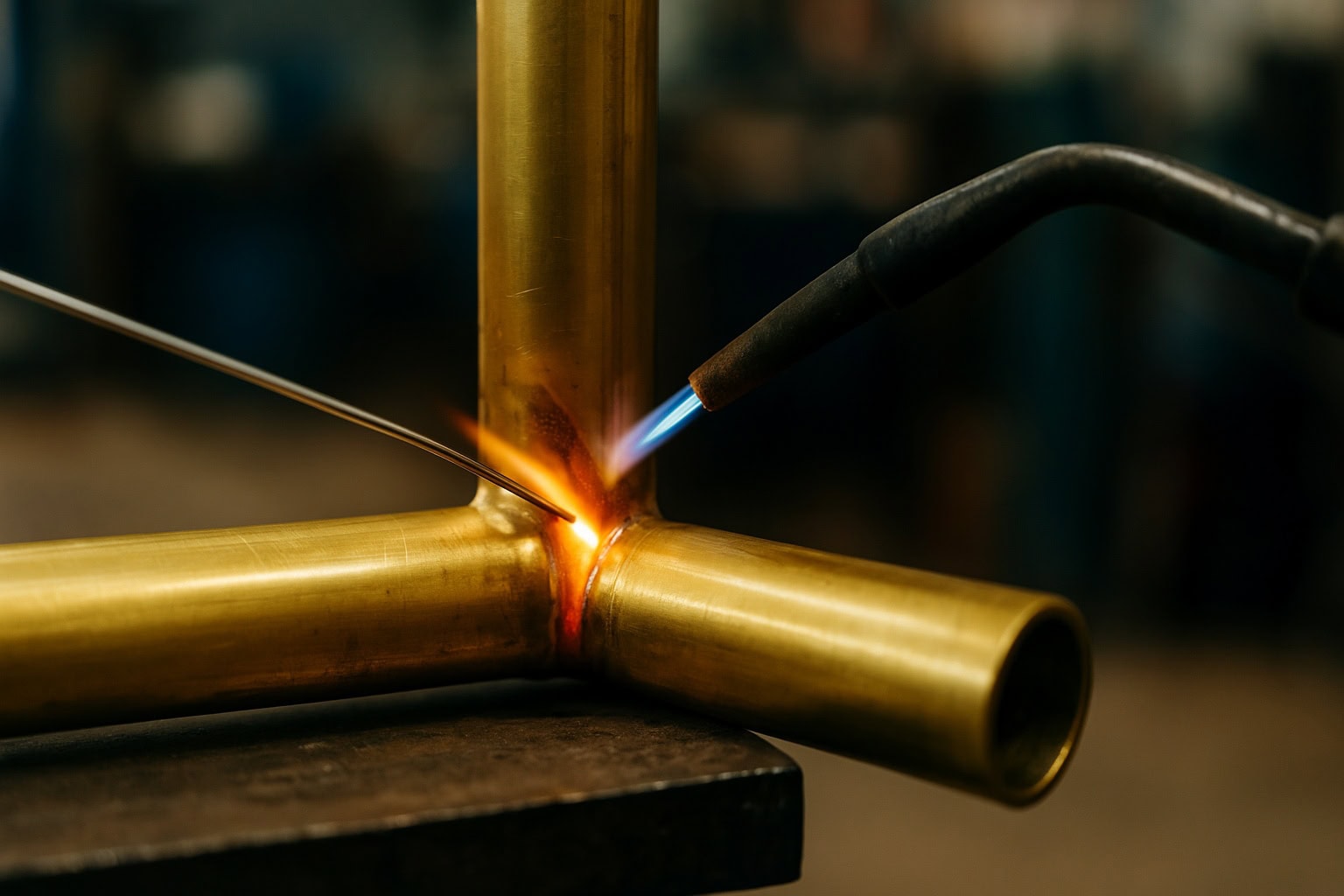 Close-up of a welding torch joining brass pipes at a right angle on a workbench.