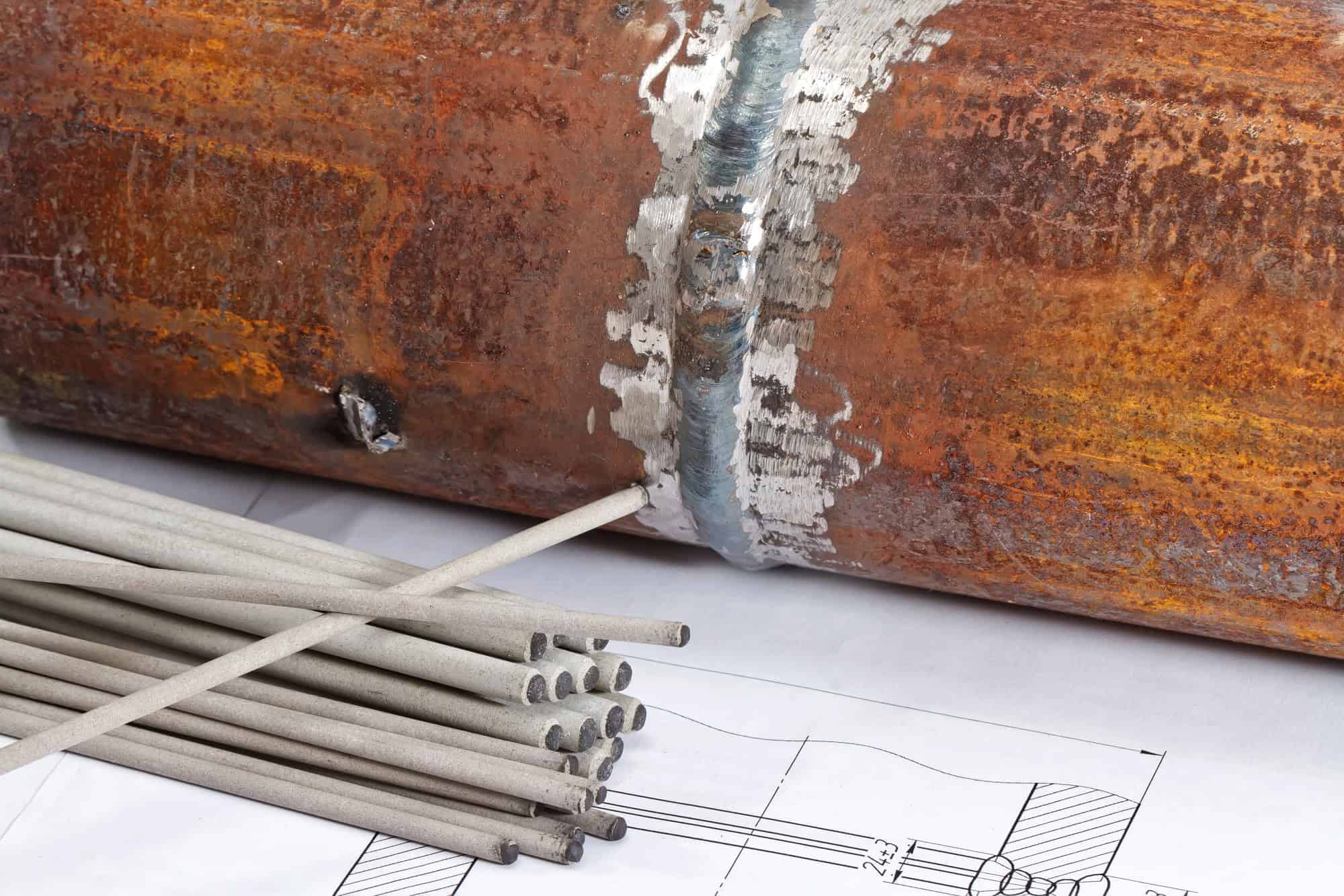 Welded metal pipe with welding rods resting on technical drawings.