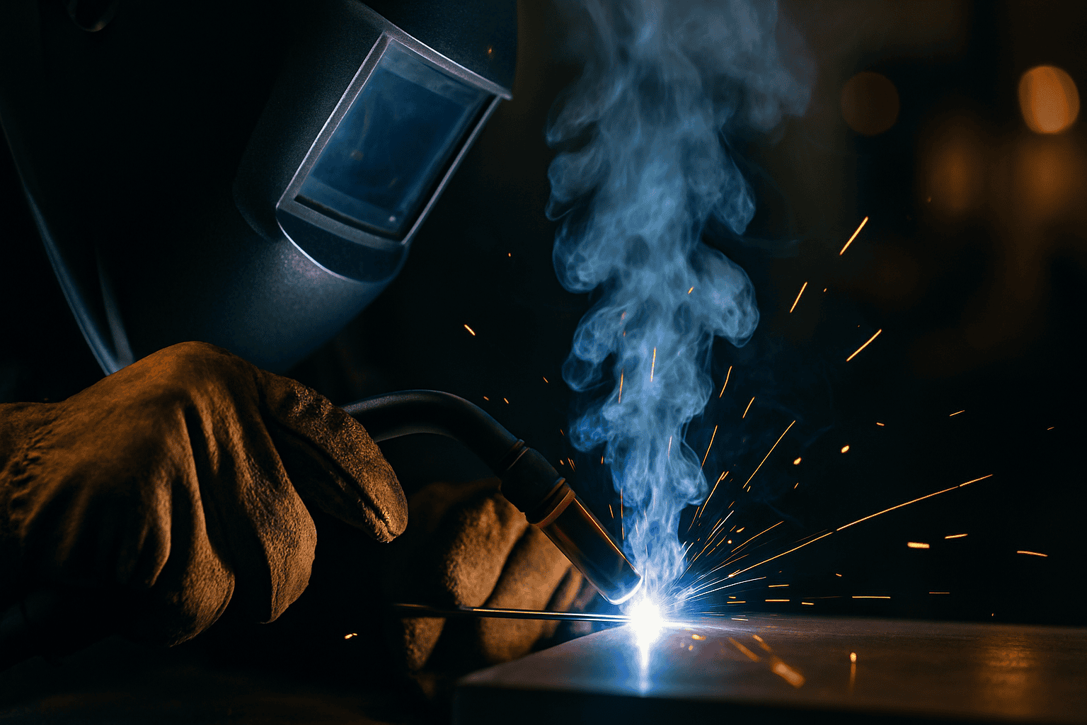 Person welding metal with sparks and smoke, wearing protective gloves and helmet.