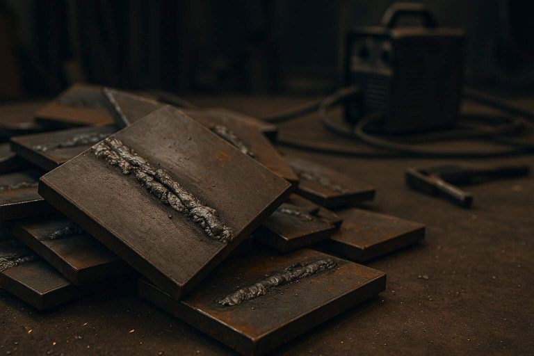 Stack of steel plates with weld seams, welding machine and cables in the background.