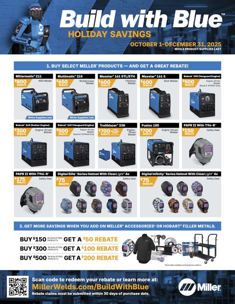 Miller welding products and rebates promotion flyer with prices and savings details.