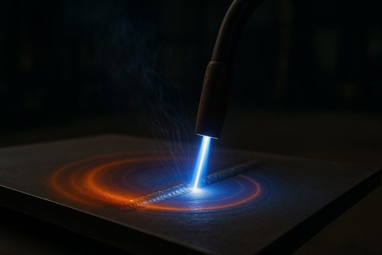 A blowtorch flame heats and welds a metal surface, creating a glowing ring effect.