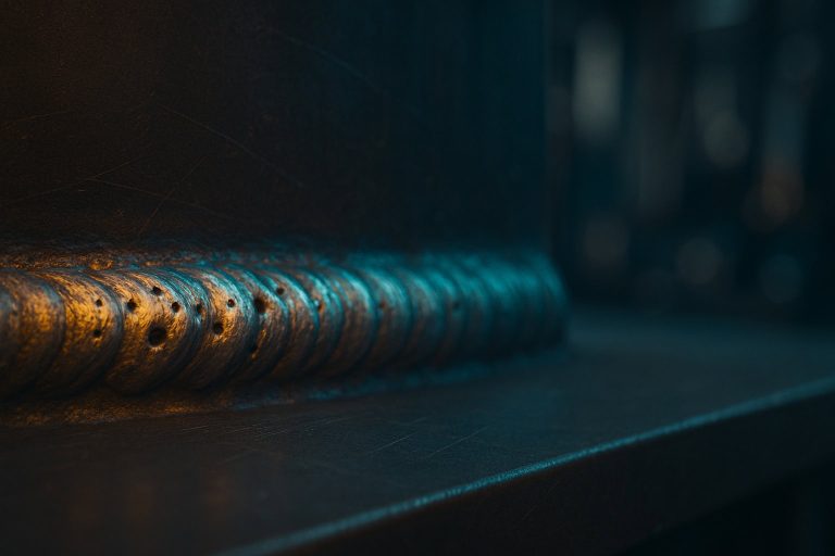 Close-up of a metallic welded seam with distinct ridges and a blue-tinged lighting effect.