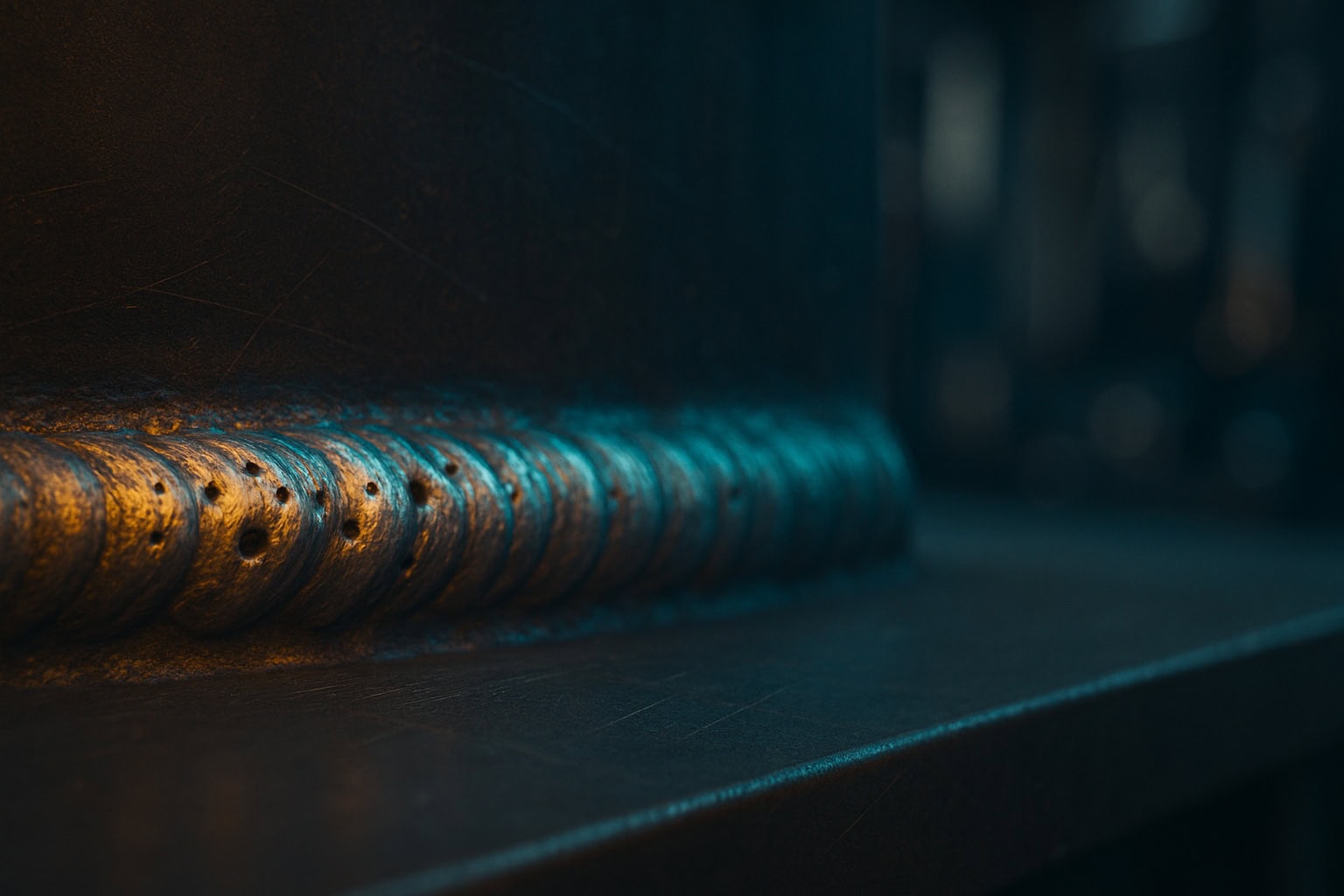 Close-up of a metallic welded seam with distinct ridges and a blue-tinged lighting effect.