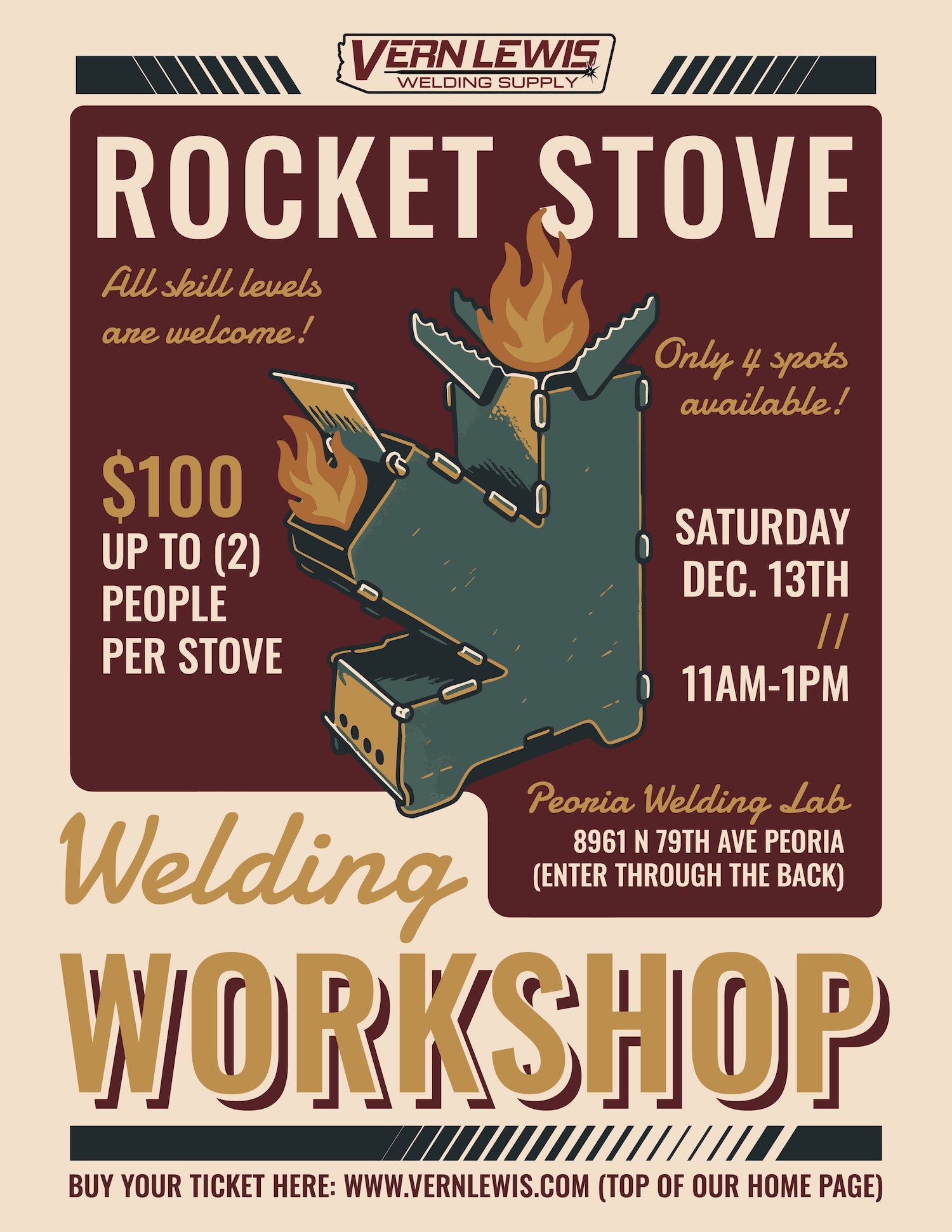 Poster advertising a Rocket Stove welding workshop with date, time, price, and location details.