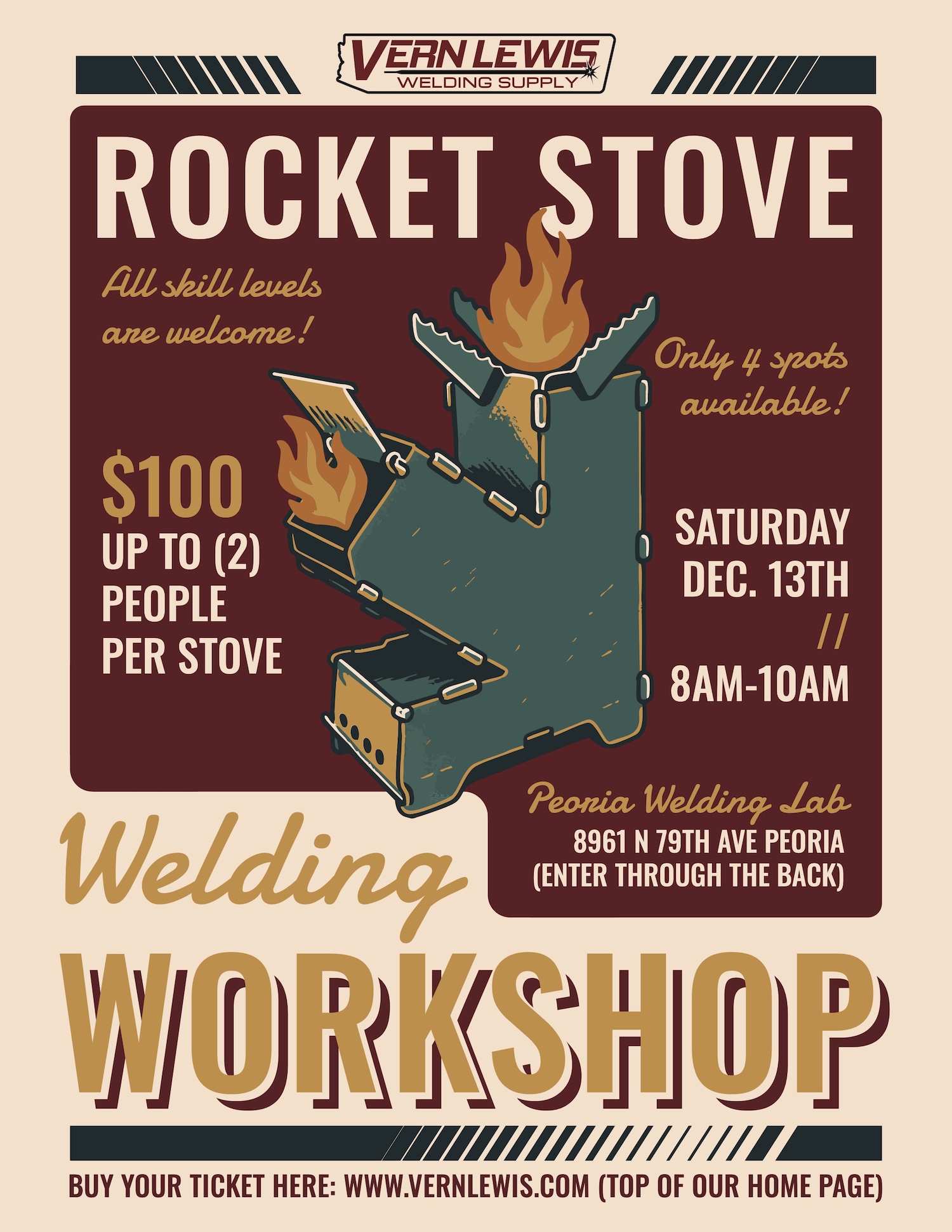 Poster advertising a rocket stove welding workshop on December 13th in Peoria, Arizona.