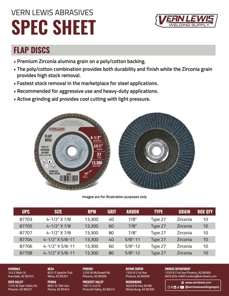 Two types of abrasive flap discs with product specs listed in a comparison chart.