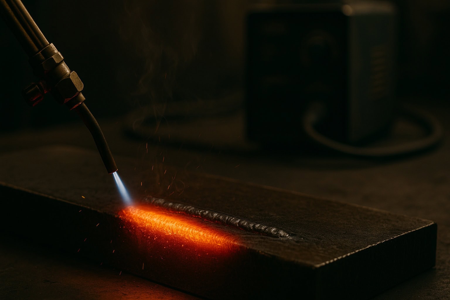 A welding torch heats and melts a metal bar, creating a glowing seam.