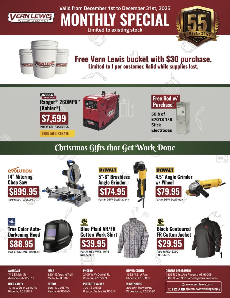 Flyer showing Vern Lewis Welding Supply specials, including tools, equipment, and holiday gift ideas.