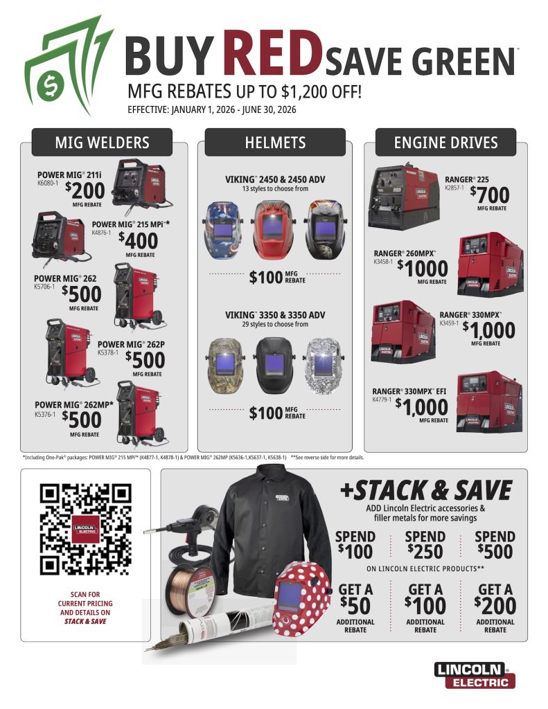 Flyer showing Lincoln Electric welders, helmets, engines, rebate offers, and savings details.