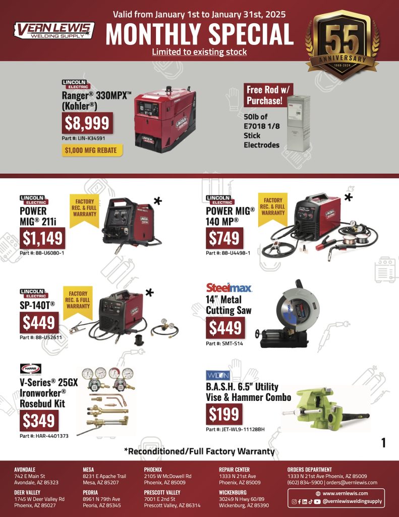 Welding machines, plasma cutters, and tools with prices and monthly special offers displayed.