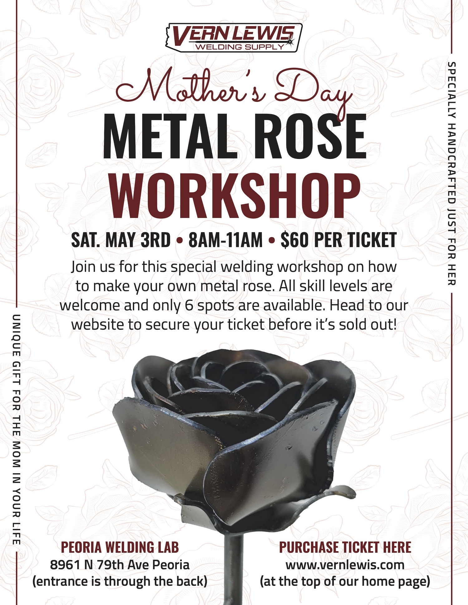 Black metal rose sculpture with event details for a Mother’s Day metal rose workshop.