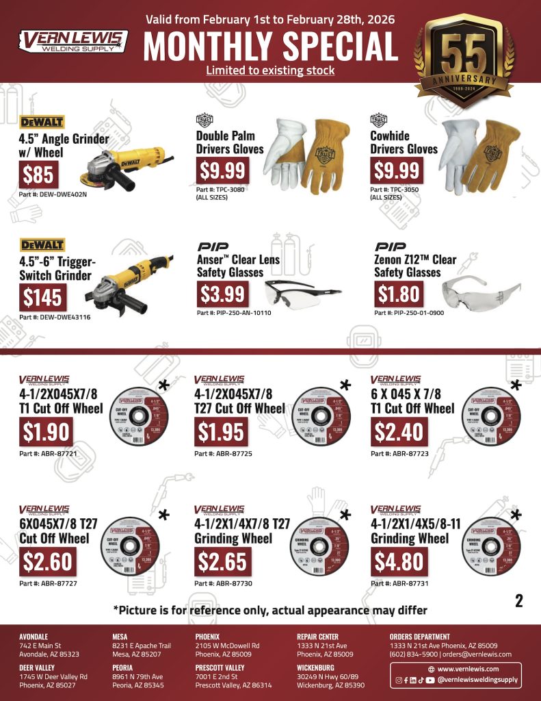 Monthly tool and safety gear specials with images, prices, and product descriptions shown.