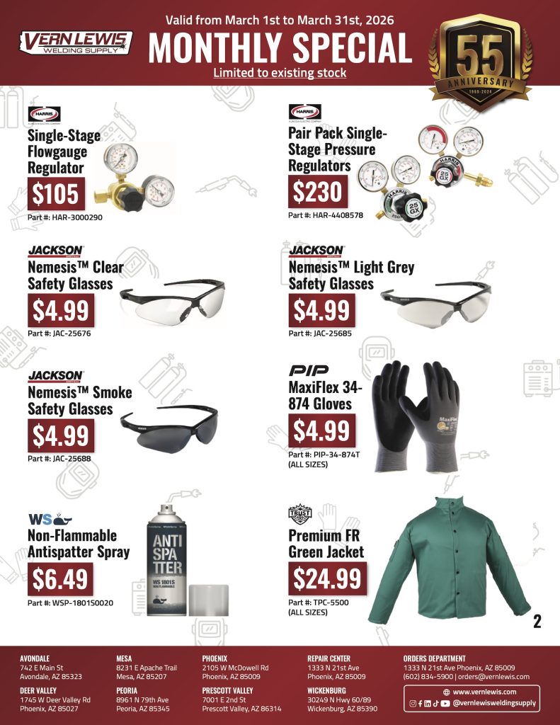 Promotional flyer showing safety gear, gloves, eyewear, regulator, and jacket with prices.