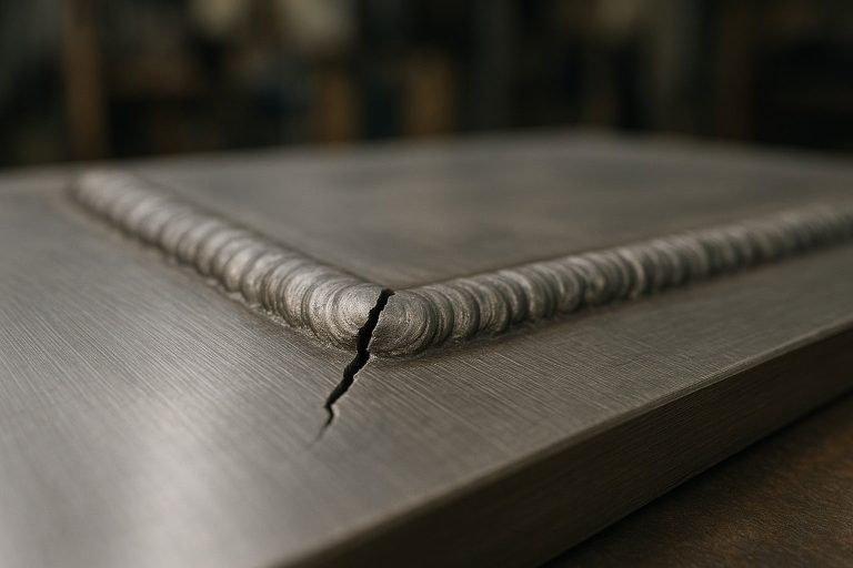 Close-up of a metal plate with a cracked weld along the seam.