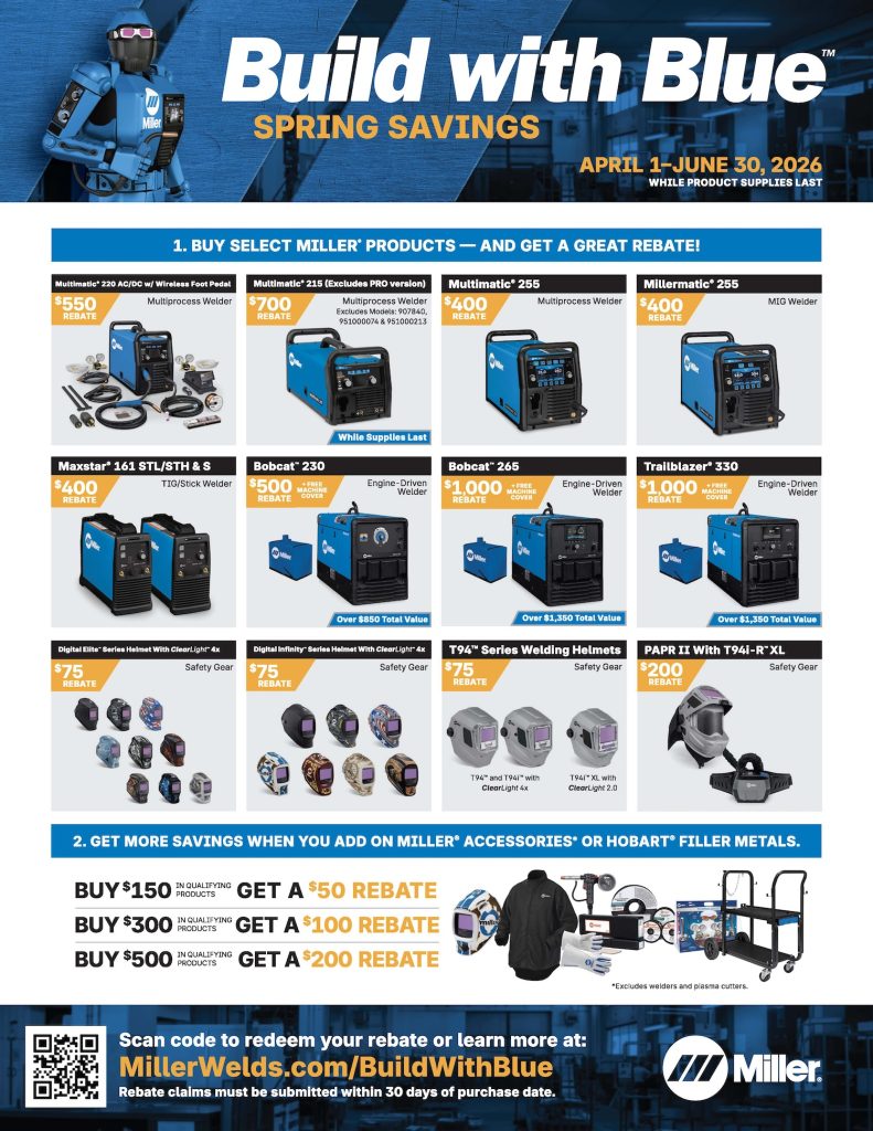 Promotional flyer displaying Miller welding products and rebates valid from April 1 to June 30, 2026.