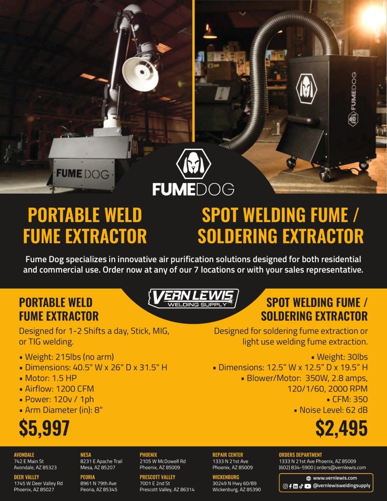 FumeDog portable and spot welding fume extractors with product specs and prices displayed.