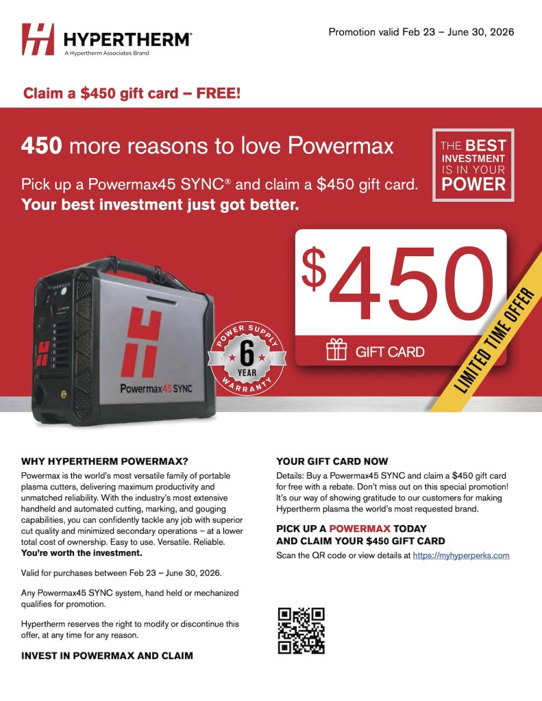 Powermax45 SYNC plasma cutter next to a large $450 gift card promotion advertisement.