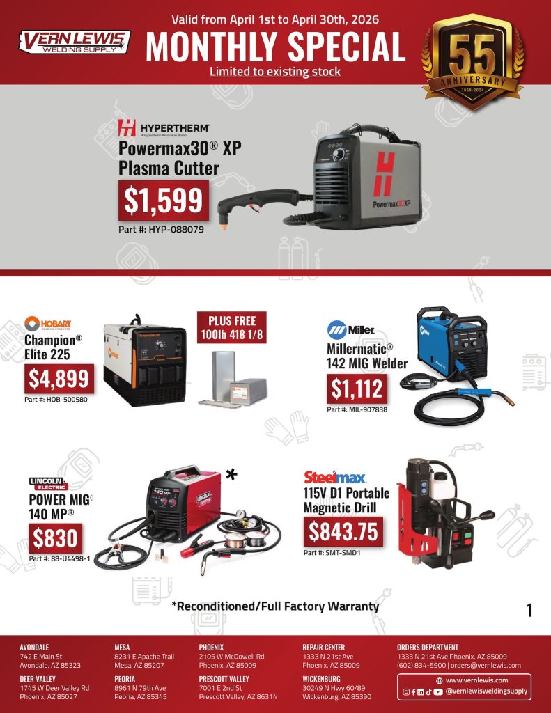Page showing welding equipment and prices, including plasma cutters, welders, and battery packs.