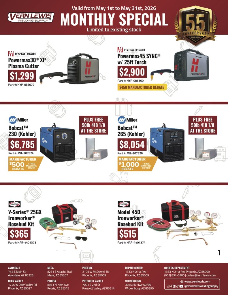 Flyer featuring welders, plasma cutters, and welding kits on monthly special at Vern Lewis.