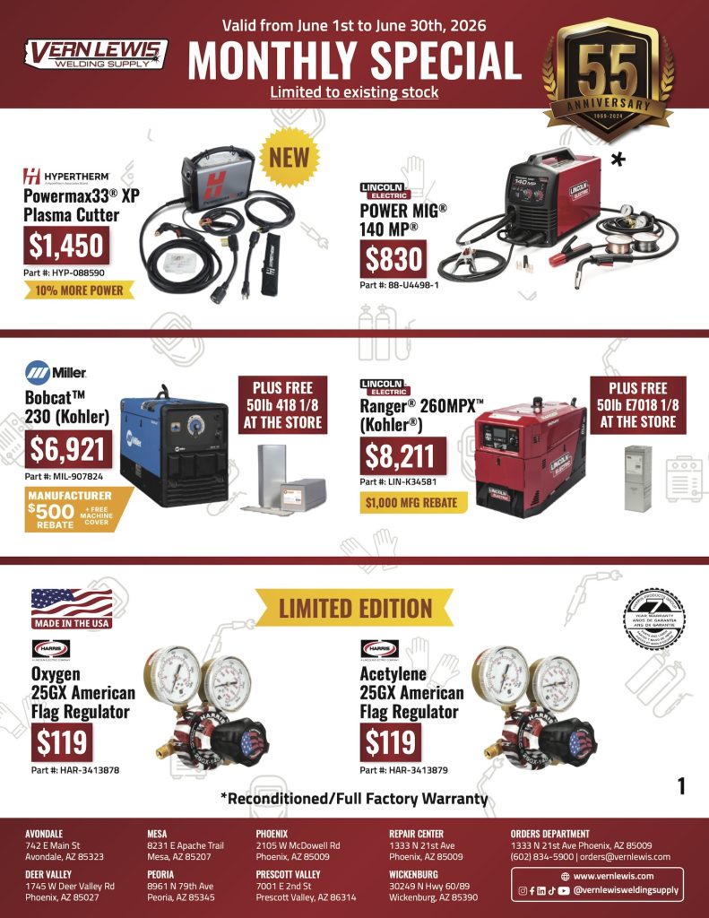 A promotional flyer showing welding equipment, generators, and gas regulators with prices and details.