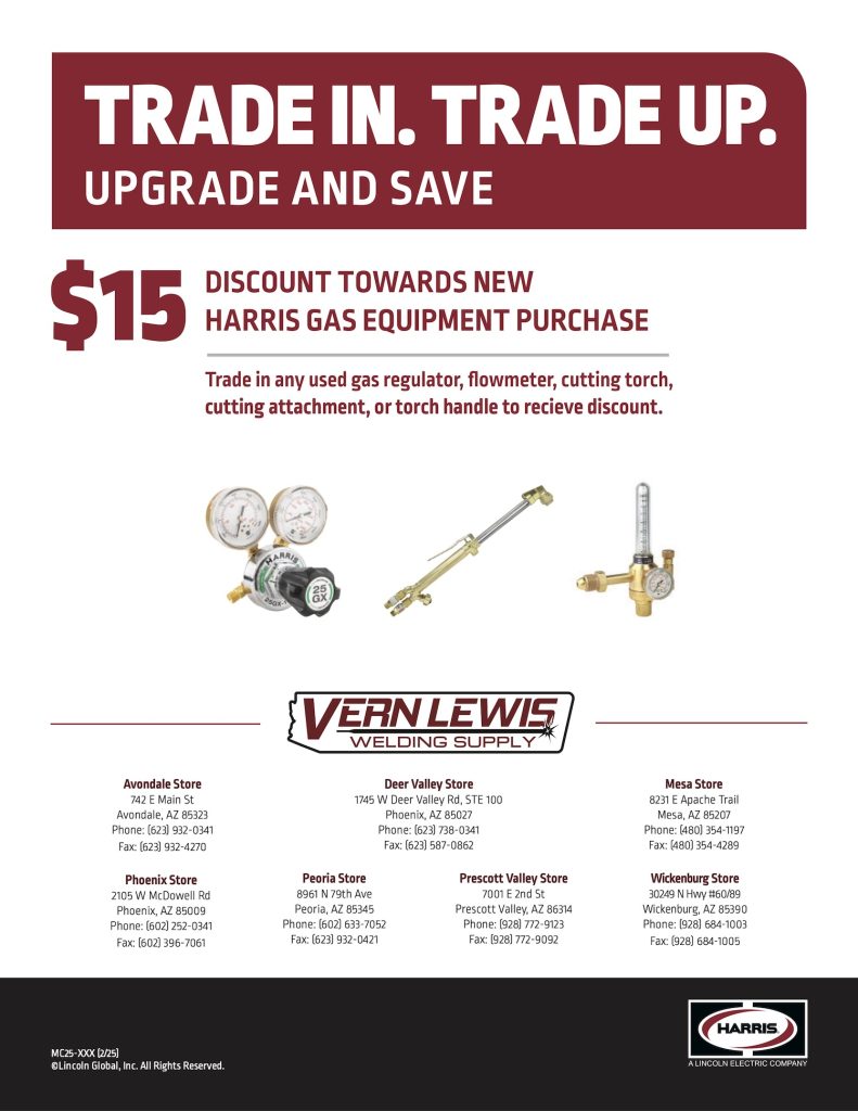 $15 discount offer for Harris gas equipment trade-in at Vern Lewis Welding Supply locations.