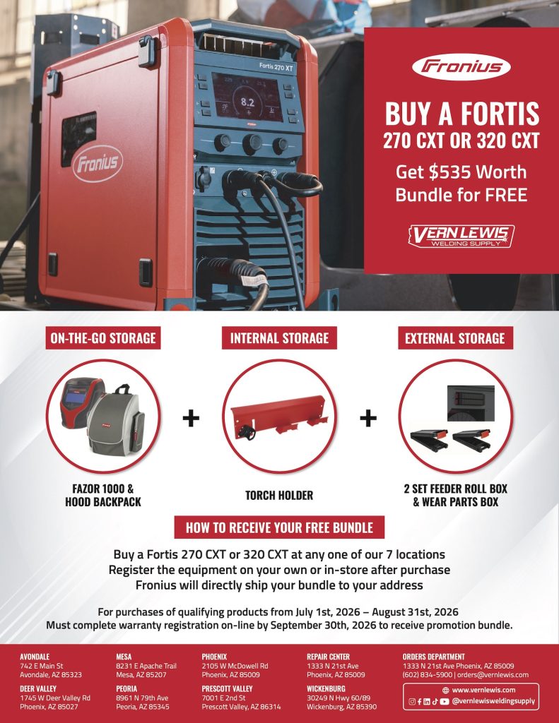 Red Fronius Fortis welding machine with promotional text about a free $535 bundle offer.