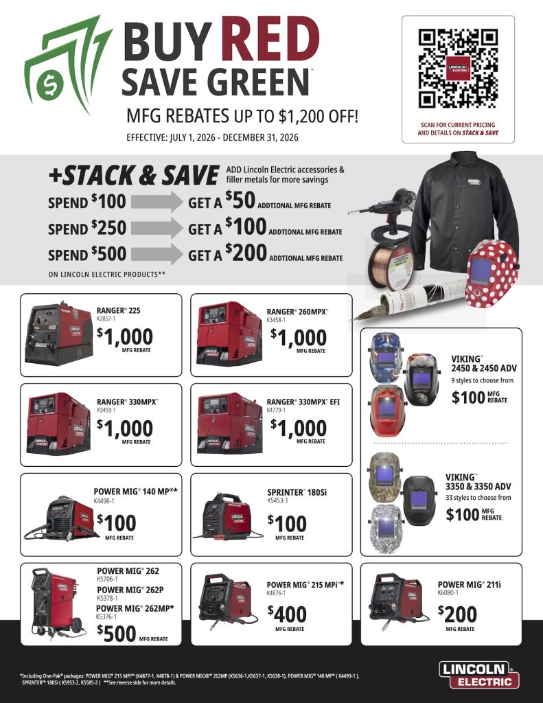 Lincoln Electric promotional flyer showing welding equipment, helmets, and rebate offers.