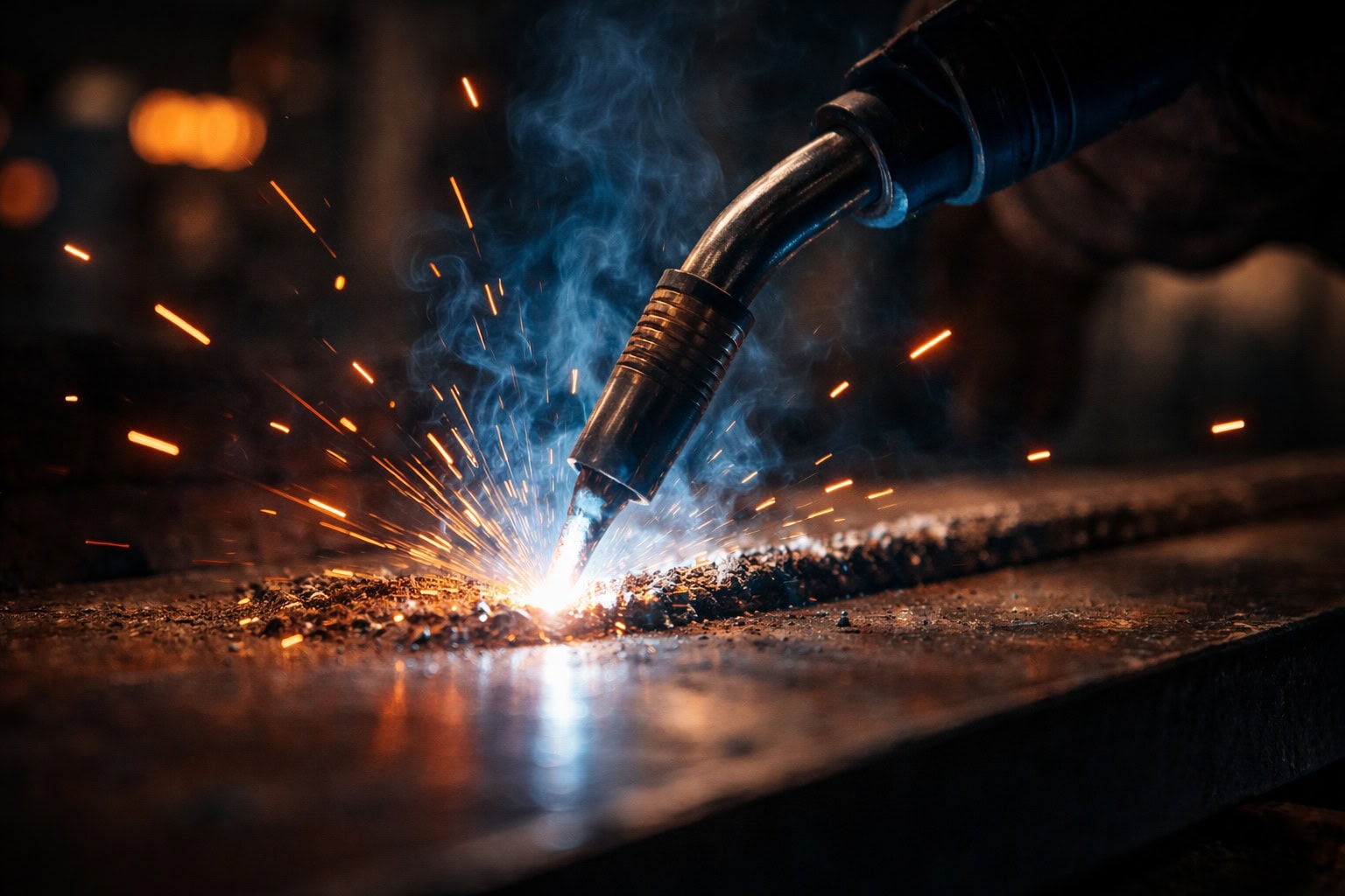 Close-up of a welding torch emitting sparks and smoke onto a metal surface.