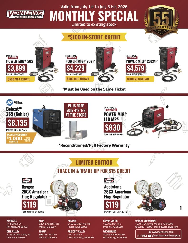 Monthly specials on welding machines, generators, and gas cylinders with listed prices and credits.