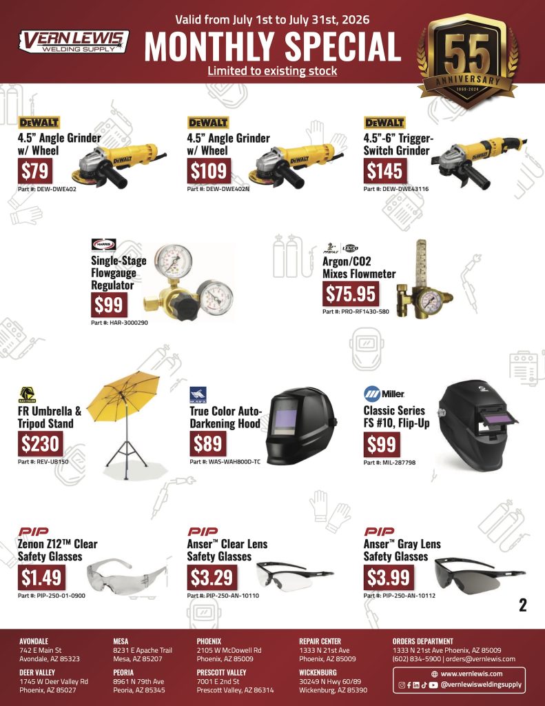Monthly special flyer with welding equipment, grinders, safety gear, and pricing details.