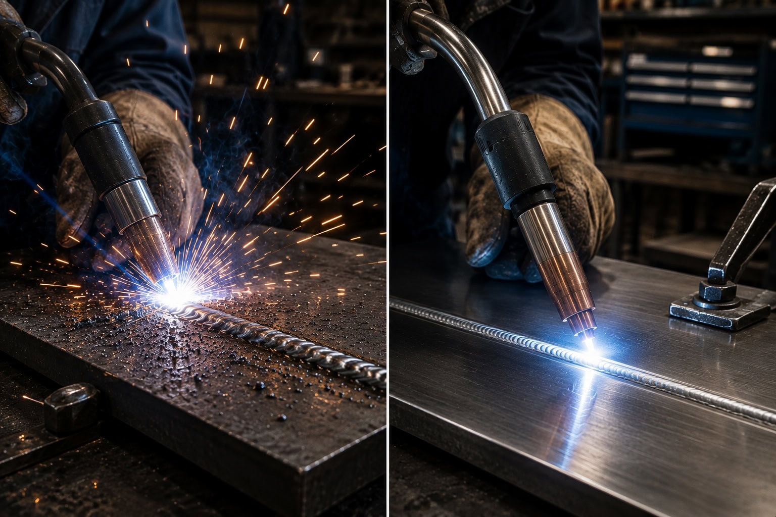 Two images of welding metal plates, one with sparks and debris, one with a clean, smooth weld.