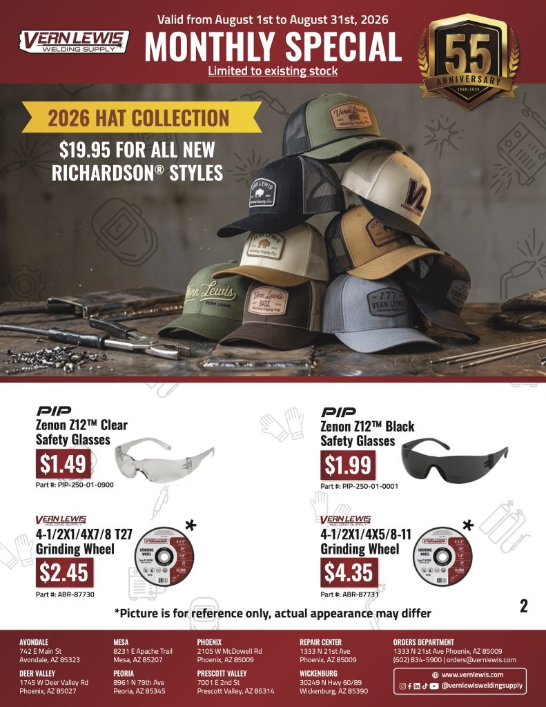 Assorted hats and safety glasses displayed with prices and product details on a promotional flyer.