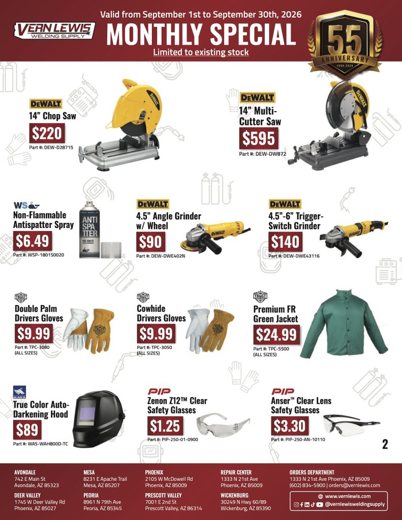Sales flyer showing power tools, workwear, and safety gear with prices and product images.
