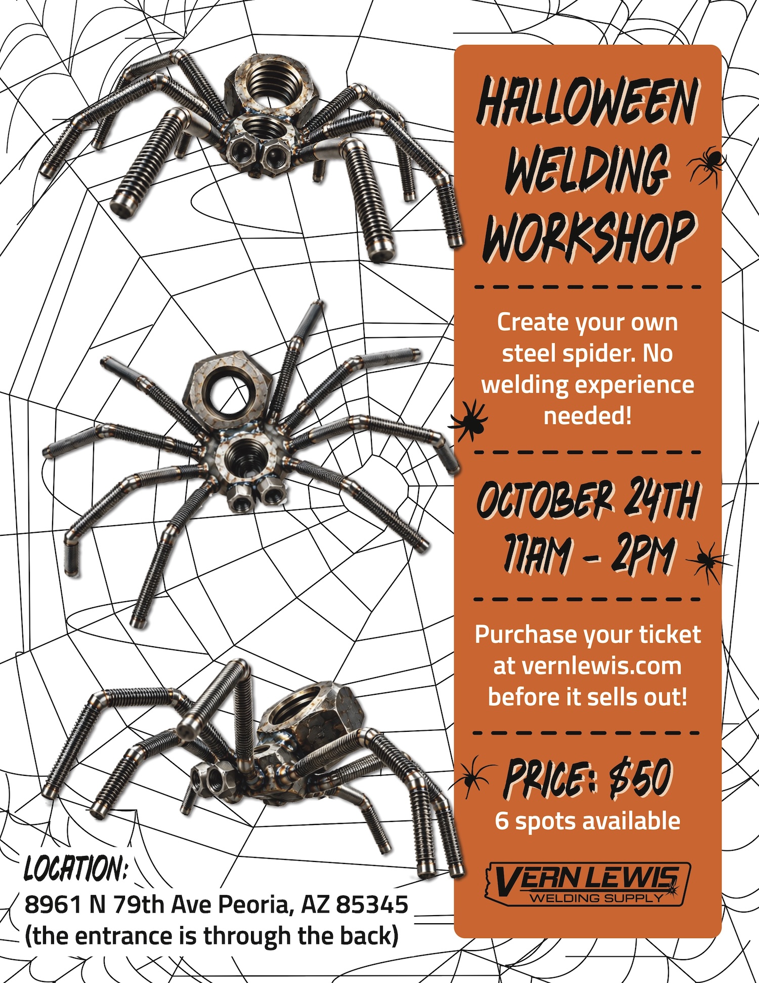 Flyer for a Halloween welding workshop to make metal spiders, with date, time, and ticket info.