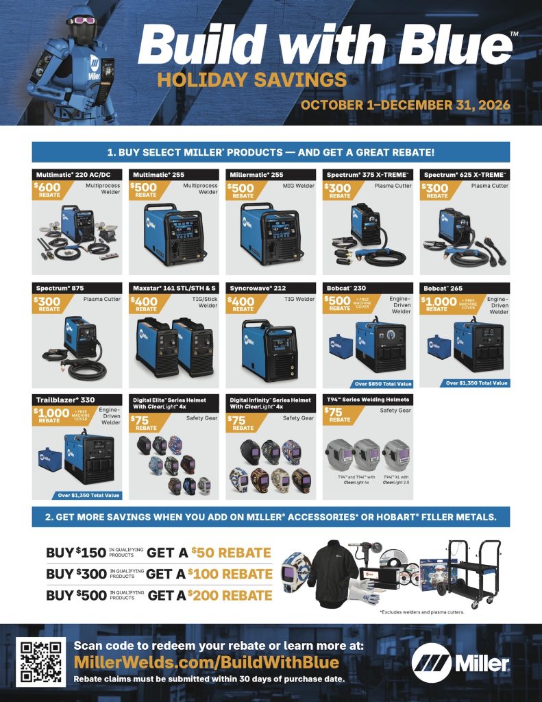 Buy select Miller products, get a rebate. Valid Oct 1-Dec 31, 2026. See MillerWelds.com.