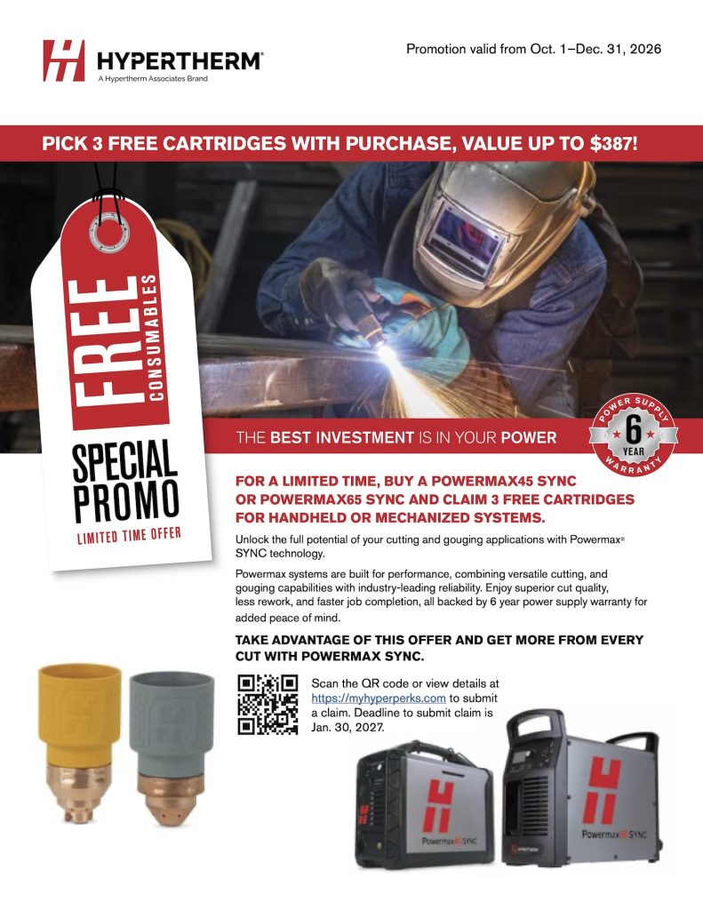 Promotional flyer for free Powermax45 cartridges with Powermax45 SYN purchase, offer details shown.