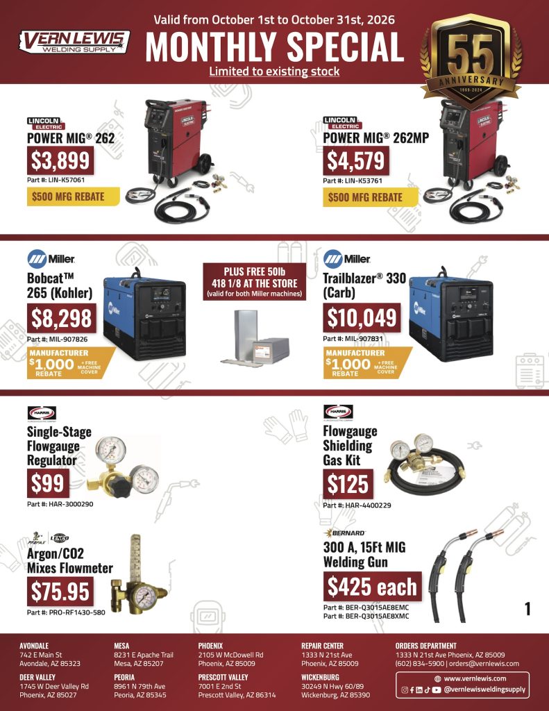 Vern Lewis welding equipment monthly specials flyer for October 2026 with pricing and store info.
