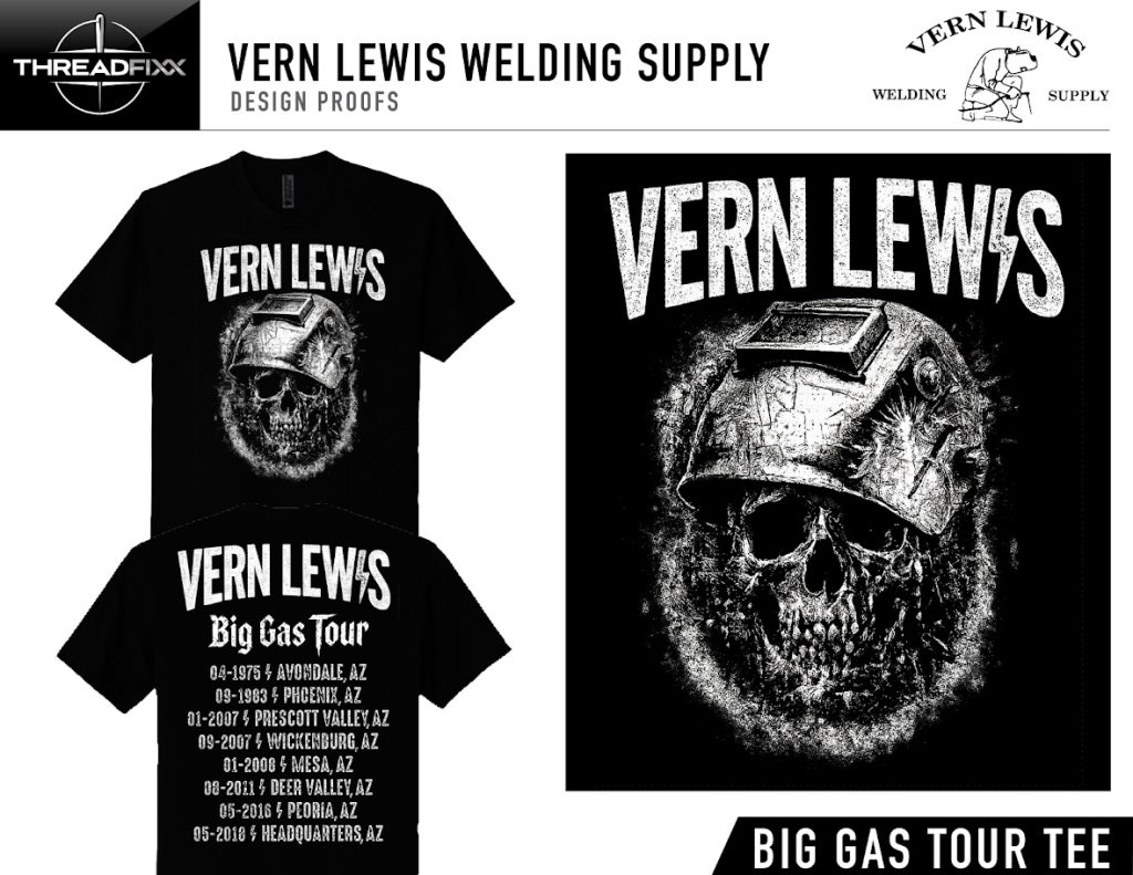 Black T-shirt with a welding helmet graphic and “Vern Lewis Big Gas Tour” text on front and back.